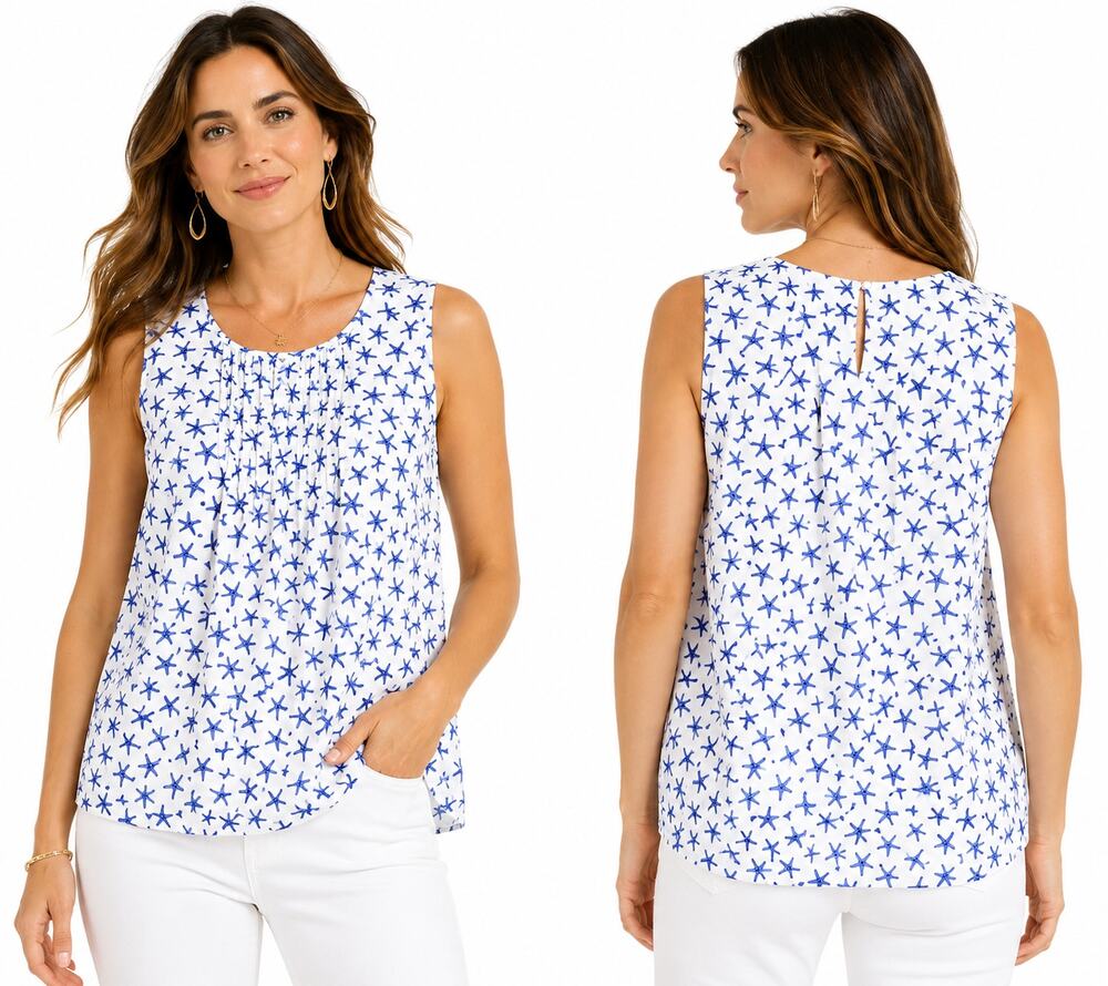 Kate Spade Broome St Starfish Sleeveless Blouse White Blue Coastal Top Large
